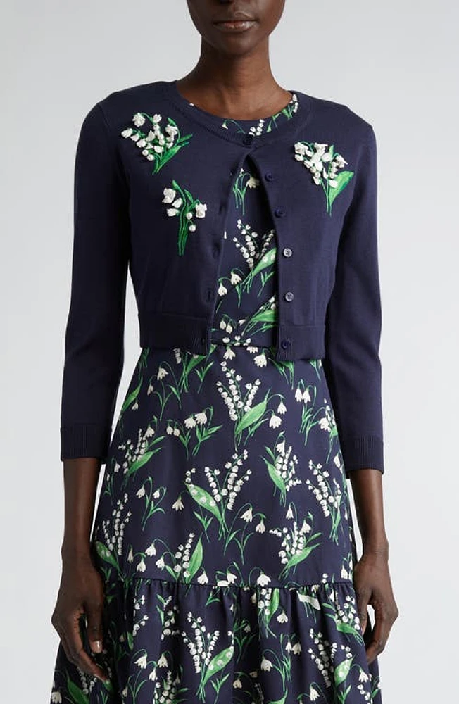 Carolina Herrera Lily of the Valley Embroidered Crop Cardigan Midnight Multi at Nordstrom,