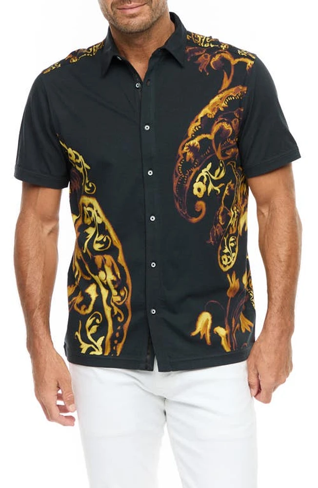 Robert Graham Hadrian Paisley Short Sleeve Cotton Knit Button-Up Shirt Black at Nordstrom,