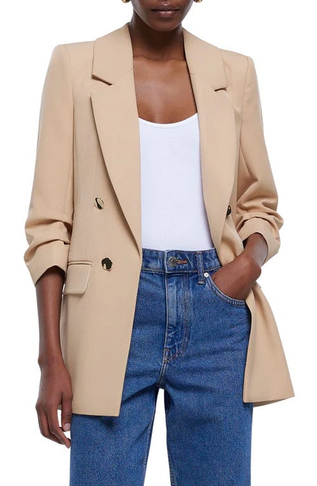 River Island Ruched Sleeve Blazer in Beige at Nordstrom, Size 2