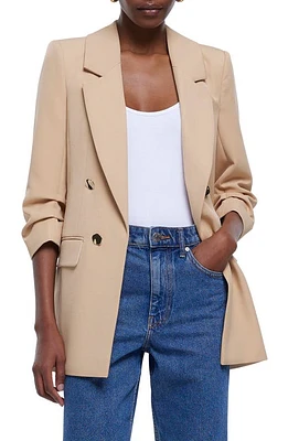 River Island Ruched Sleeve Blazer in Beige at Nordstrom, Size 2