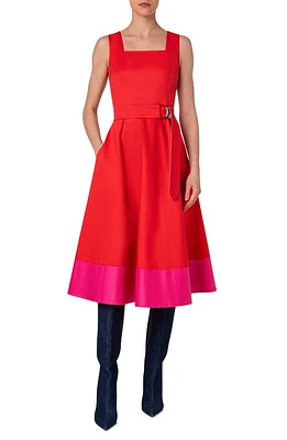 Akris punto Color Border Belted Cotton Poplin Midi Dress Red-Pink at Nordstrom,