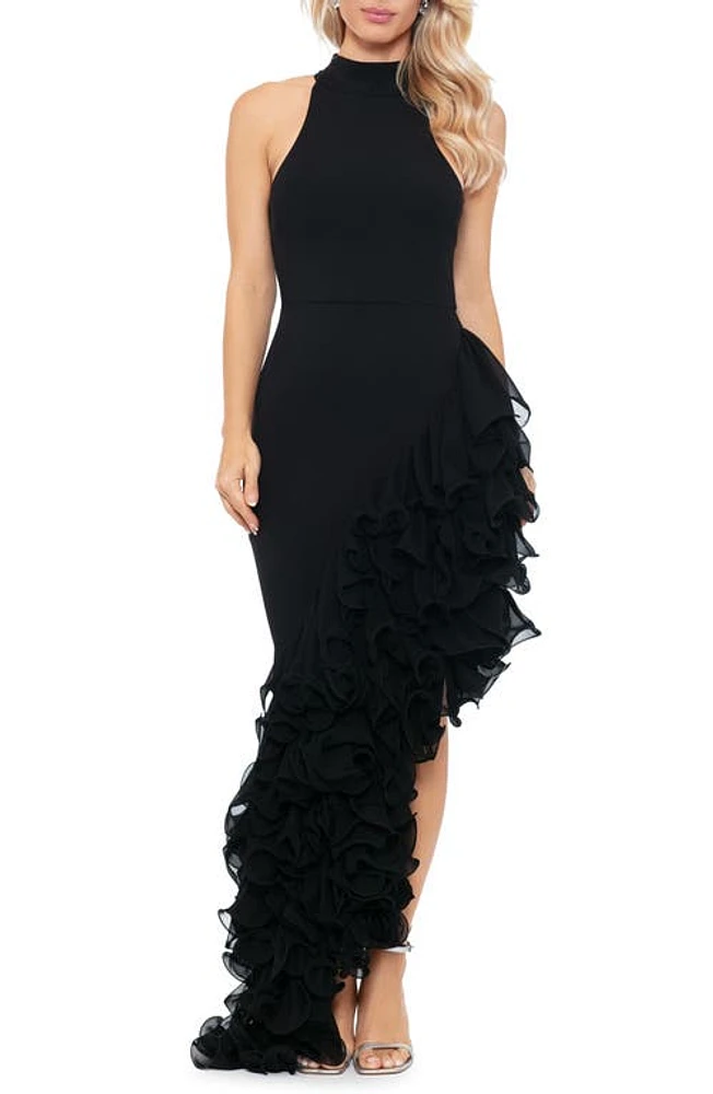 Betsy & Adam Ruffle Detail Asymmetric Body-Con Ponte Gown Black at Nordstrom,