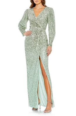 Mac Duggal Sequin Wrap Bodice Long Sleeve Gown Seafoam at Nordstrom,