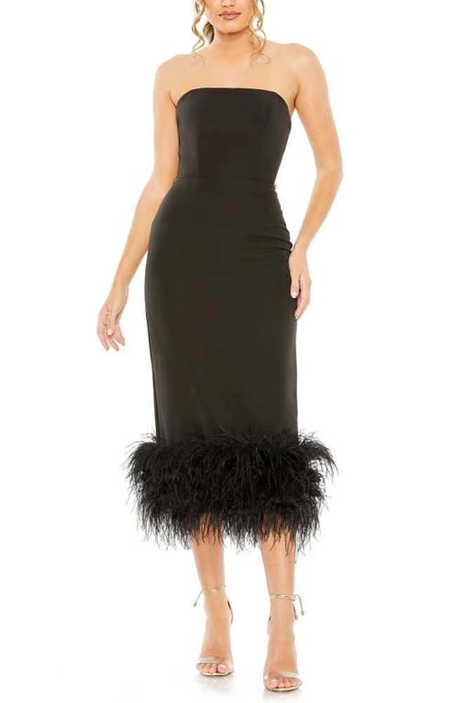 Ieena for Mac Duggal Feather Trim Strapless Column Midi Dress Black at Nordstrom,