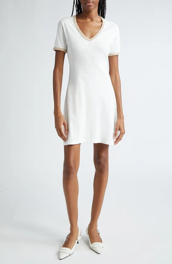 Courrèges Contrast Trim V-Neck Cotton Jersey Minidress White Heritage/Sand at Nordstrom,