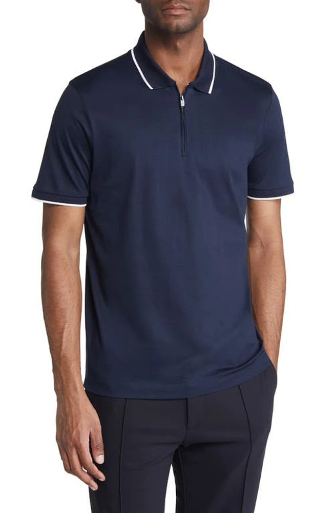 BOSS Polston Tipped Zip Polo Dark Blue at Nordstrom,