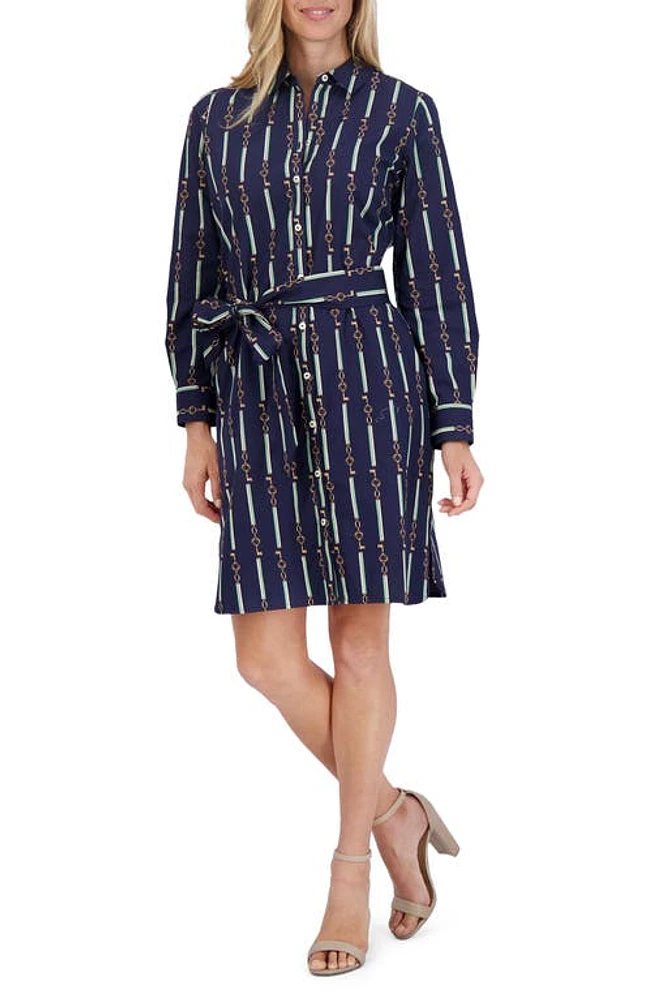 Foxcroft Rocca Print Long Sleeve Cotton Shirtdress in Navy Multi at Nordstrom, Size Medium