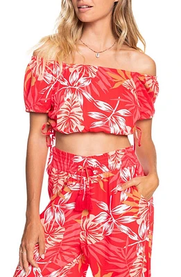 Roxy Dear Amor Ruched Crop Top in Hibiscus Seaside Tropics V1 at Nordstrom, Size Medium