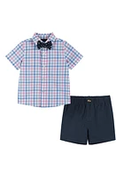 Andy & Evan Short Sleeve Cotton Button-Up Shirt, Shorts Bow Tie Set White Plaid at Nordstrom,