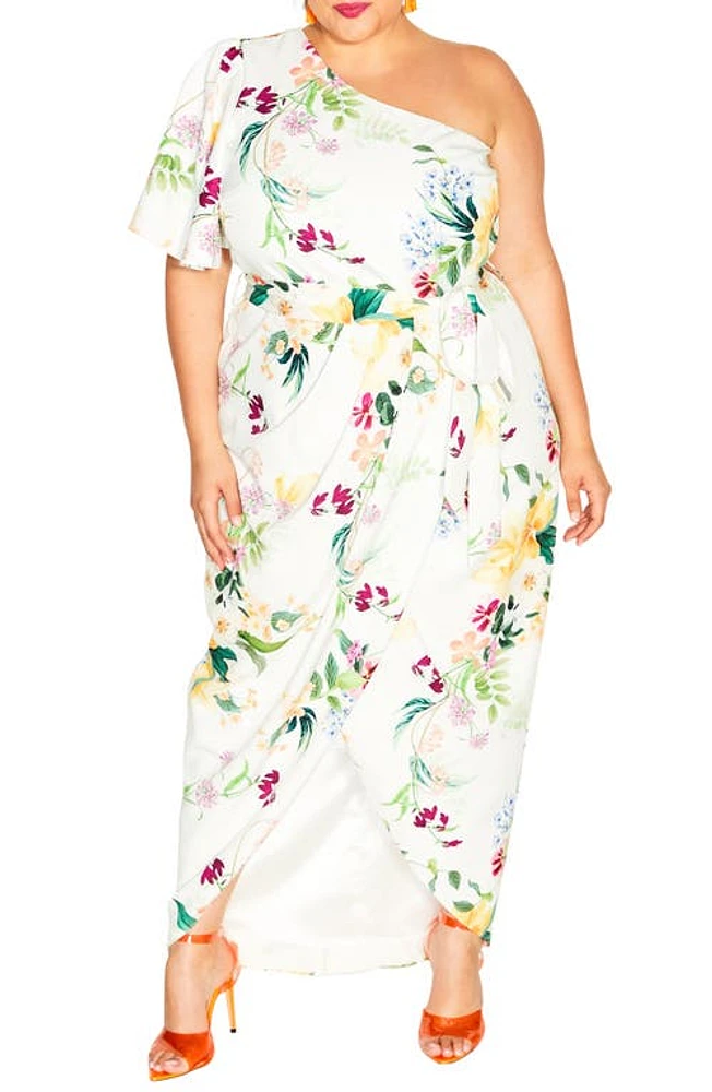 City Chic Bonnie Floral One-Shoulder Dress Ivory Sunnie at Nordstrom