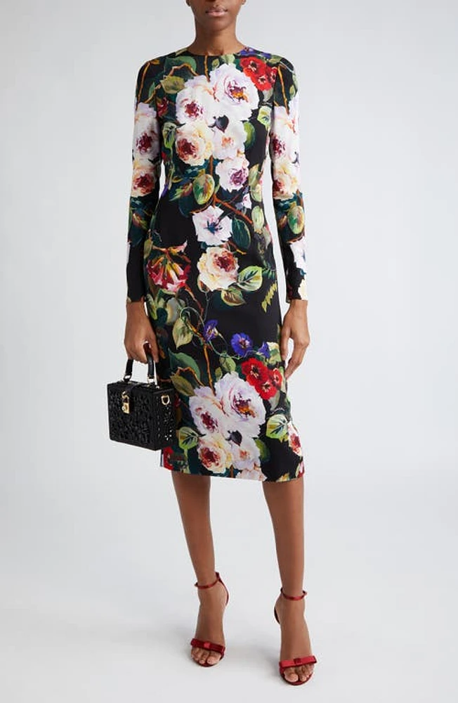 Dolce & Gabbana Floral Print Long Sleeve Charmeuse Sheath Dress Nero at Nordstrom, Us