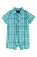 Andy & Evan Plaid Cotton Romper Bow Tie Set Aqua at Nordstrom,