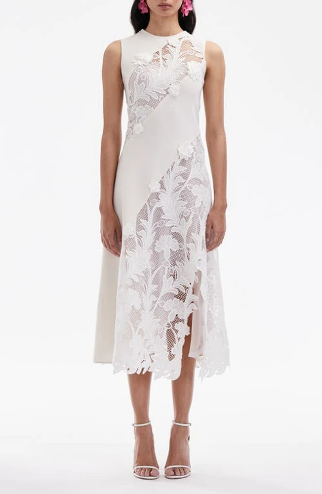 Oscar de la Renta Marbled Carnation Guipure Inset Sleeveless Midi Dress in Off White at Nordstrom, Size 12