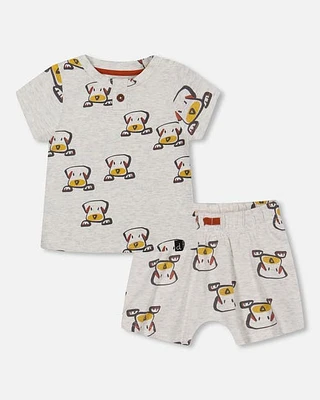 Deux Par Deux Baby Boy's Organic Cotton Top And Short Set Heather Beige With Printed Dog in Heather Beige Printed Dog at Nordstrom