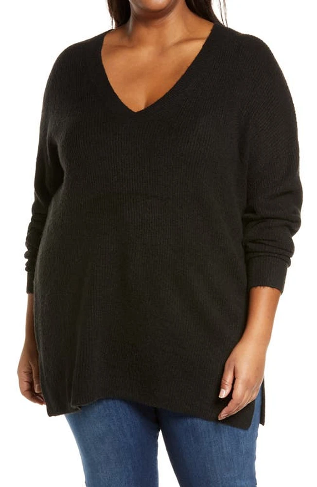 halogen(r) Ribbed V-Neck Tunic Sweater in Black at Nordstrom, Size 3X