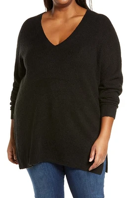 halogen(r) Ribbed V-Neck Tunic Sweater in Black at Nordstrom, Size 3X