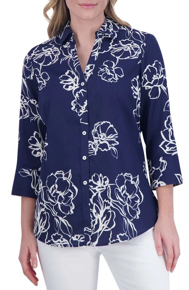 Foxcroft Mary Floral Button-Up Shirt Navy at Nordstrom,