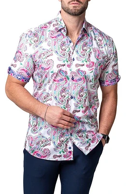 Maceoo Galileo Paisley Print Short Sleeve Cotton Button-Up Shirt White at Nordstrom,