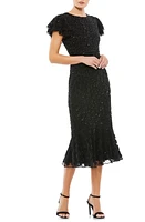 Mac Duggal Beaded Ruffle Sleeve Midi Cocktail Dress Black at Nordstrom,