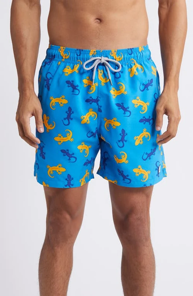 Tom & Teddy Gecko Print Performance Swim Trunks Blue/Orange at Nordstrom,