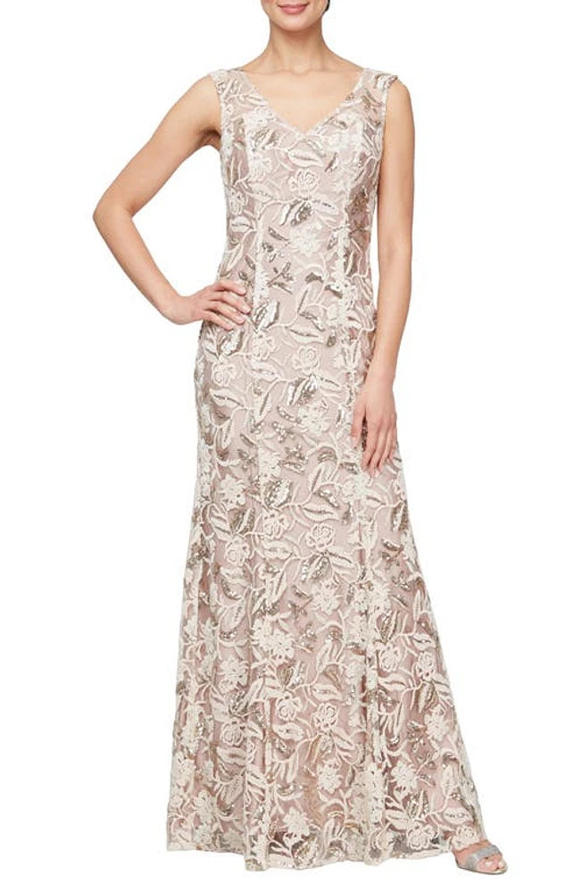 Alex Evenings Floral Embroidered Evening Gown Champagne at Nordstrom,