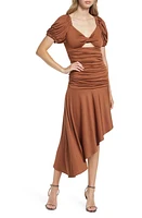 Black Halo Maxine Puff Sleeve Twist Front Asymmetric Hem Dress Hazelnut at Nordstrom,