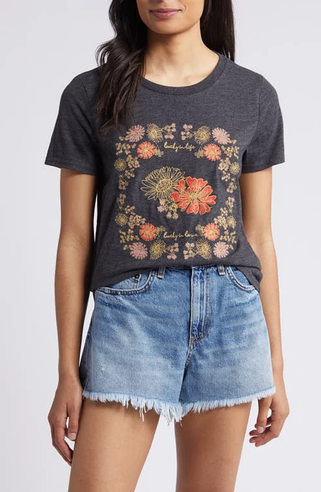 Lucky Brand Floral Embroidered Graphic T-Shirt in Charcoal Heather Grey at Nordstrom, Size X-Small