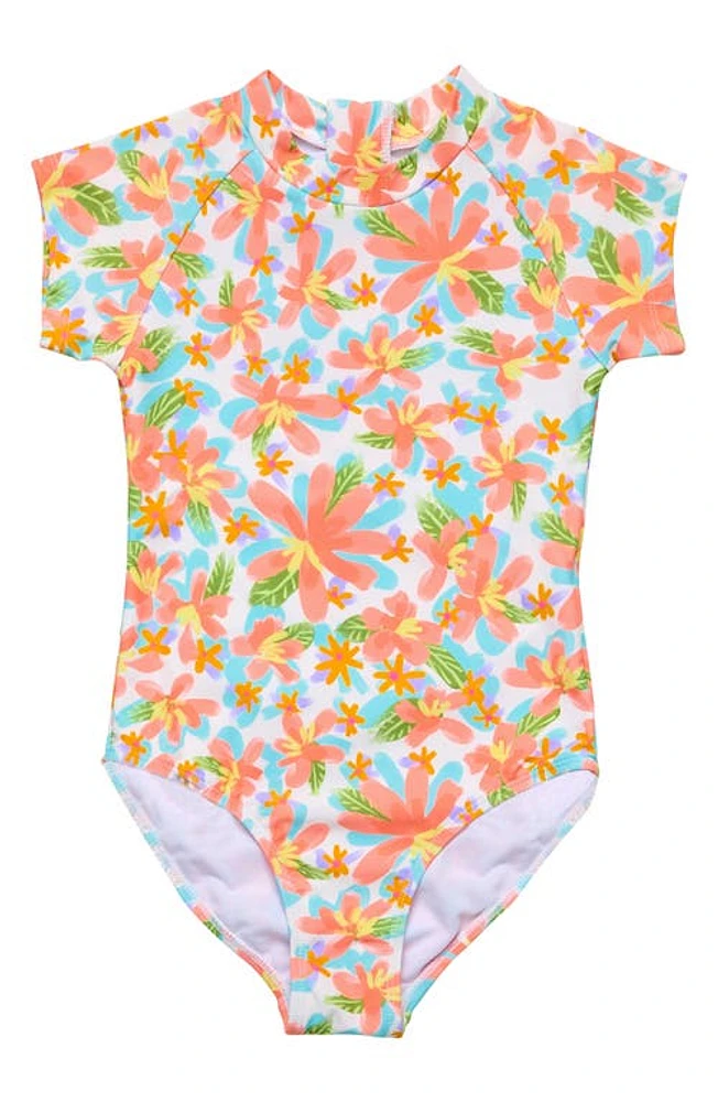 Snapper Rock Kids' Floral Short Sleeve One-Piece Rashguard Swimsuit Coral Multi at Nordstrom,