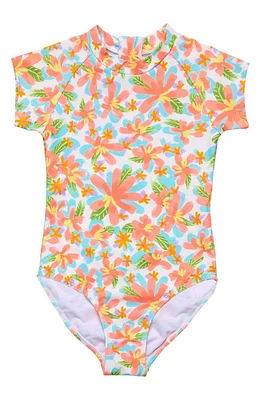 Snapper Rock Kids' Floral Short Sleeve One-Piece Rashguard Swimsuit Coral Multi at Nordstrom,