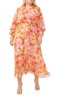 Vince Camuto Floral Smocked Three Quarter Sleeve Maxi Dress Tulip Red at Nordstrom,