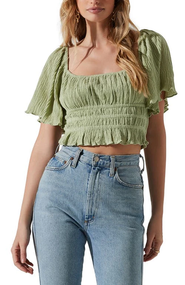 ASTR the Label Smocked Lace Back Flutter Sleeve Crop Top in Sage at Nordstrom, Size Small