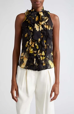 Giambattista Valli Floral Tie Neck Sleeveless Silk Top in Black/Yellow at Nordstrom, Size 8 Us