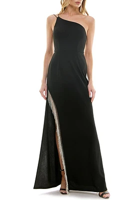 Speechless Rhinestone Fringe One-Shoulder Gown Black/Silver at Nordstrom,