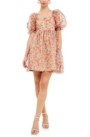 Endless Rose Floral Puff Sleeve Babydoll Minidress in Brown Multi at Nordstrom, Size Small