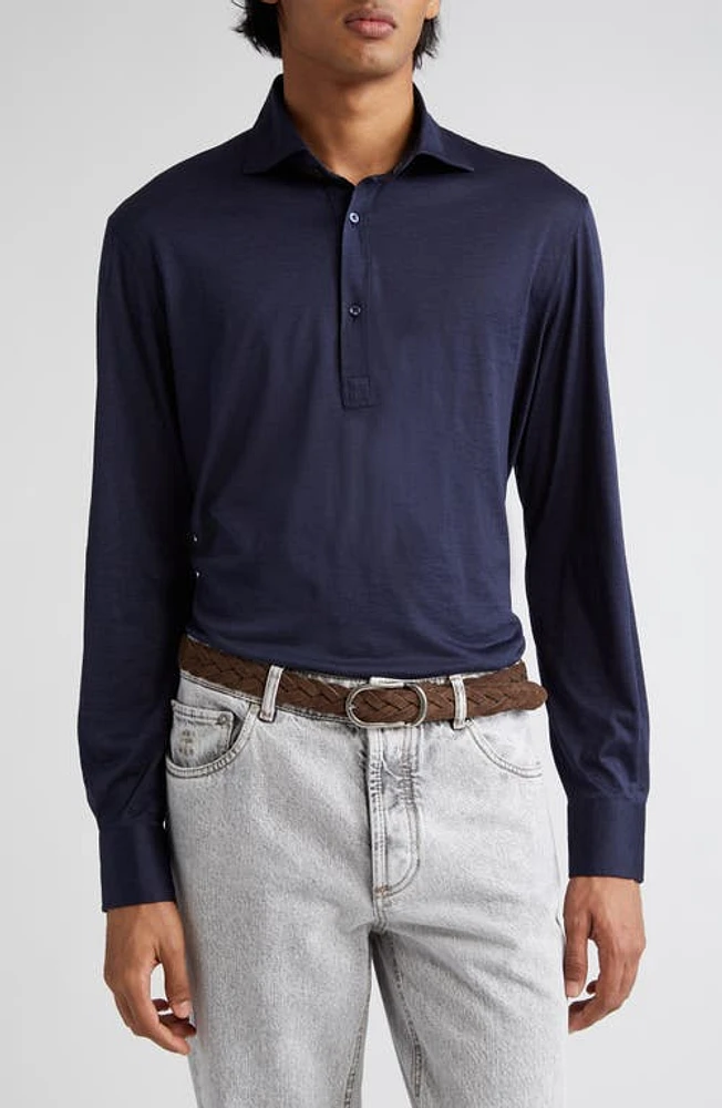 Brunello Cucinelli Long Sleeve Cotton & Silk Polo in C6134 Cobalt Blue at Nordstrom, Size X-Large