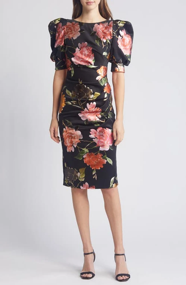 Black Halo Floral Puff Sleeve Cocktail Dress Fire Bloom at Nordstrom,