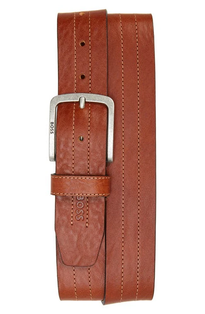 BOSS Stitch Leather Belt in Medium Brown at Nordstrom, Size 42