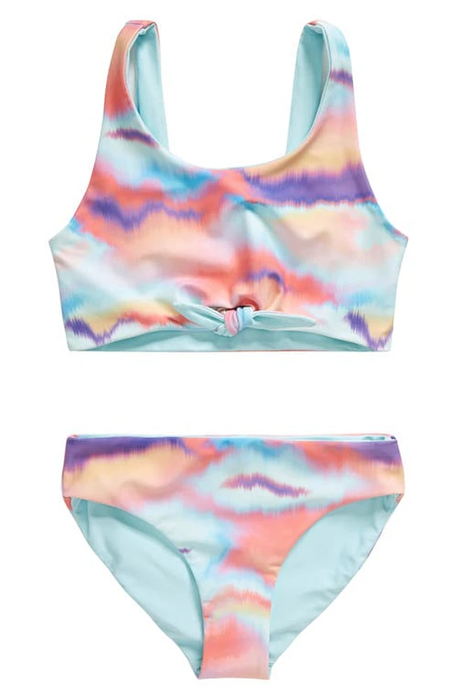 zella Kids' Tie Front Reversible Two-Piece Swimsuit Teal Retreat Blurred Wave at Nordstrom,