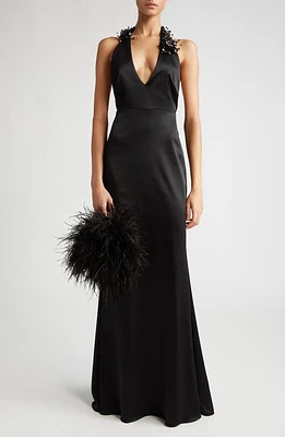 ALIETTE Bead Detail V-Neck Satin Gown Black at Nordstrom,