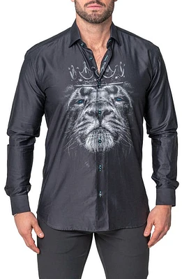 Maceoo Fibonacci Lion Crown Regular Fit Cotton Blend Button-Up Shirt Black at Nordstrom,