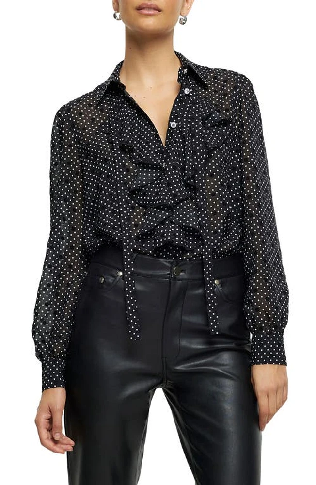 River Island Polka Dot Long Sleeve Ruffle Shirt Black at Nordstrom,