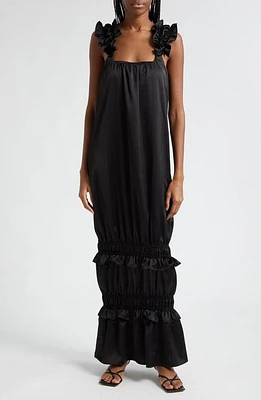 ORIRE Favori Ruffle Trim Satin Maxi Dress Black at Nordstrom, Us