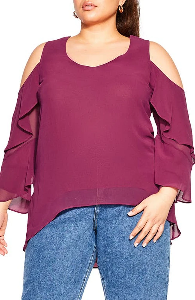 City Chic High-Low Cold Shoulder Chiffon Tunic Sangria at