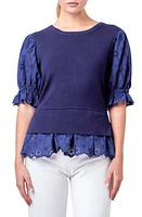 English Factory Mixed Media Eyelet Puff Sleeve Peplum Top at Nordstrom,