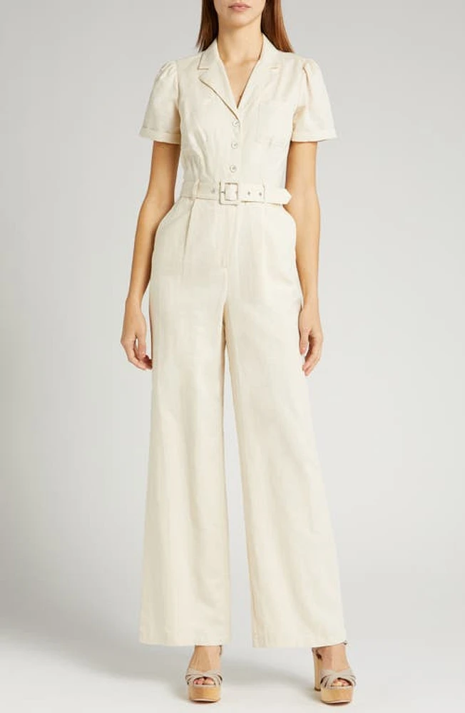 PAIGE Aislee Belted Linen Blend Jumpsuit Parchment at Nordstrom,