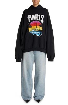 Balenciaga Paris Tropical Oversize Cotton Fleece Graphic Hoodie Black/White at Nordstrom,