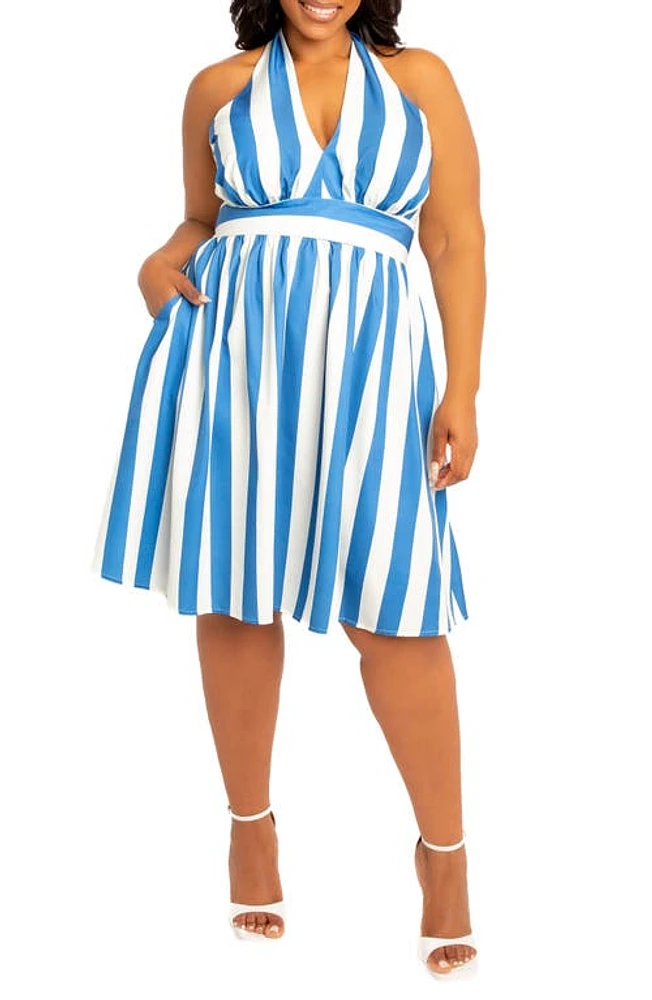 BUXOM COUTURE Stripe Halter Dress Blue at Nordstrom,