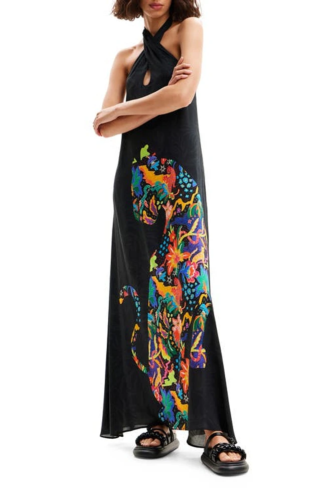 Desigual Jungle Design Halter Neck Maxi Dress Black at Nordstrom,