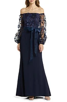 Eliza J Floating Petals Long Sleeve Off the Shoulder Gown Navy at Nordstrom,