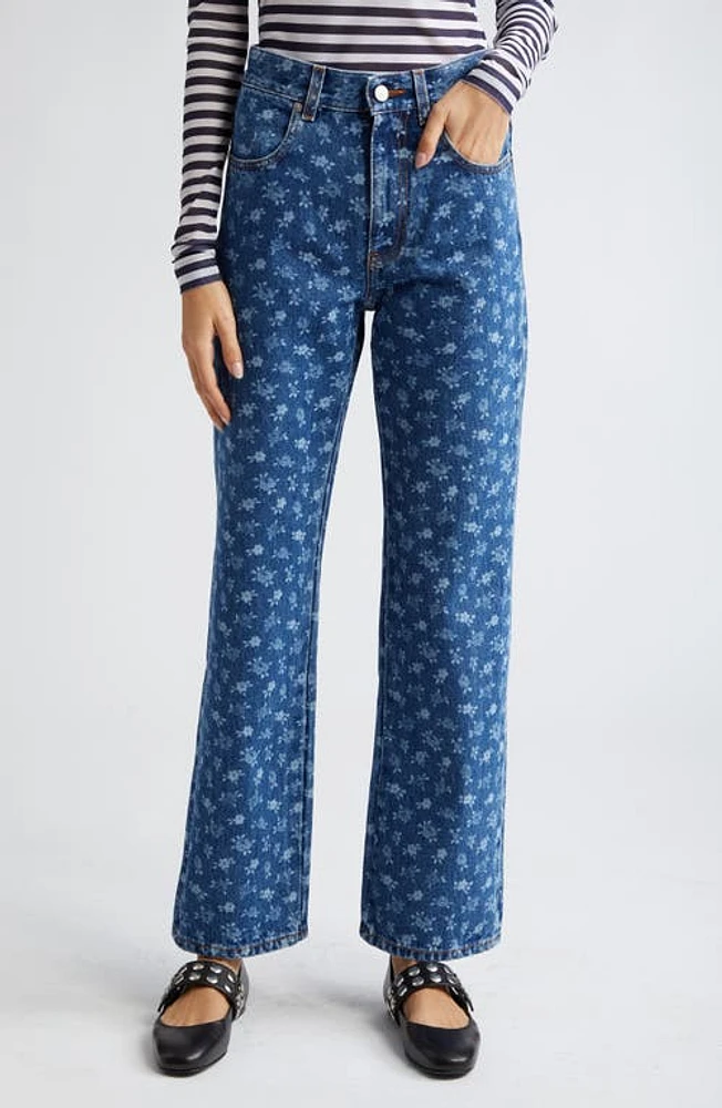 Molly Goddard Dorianna Floral Print Flare Jeans in Blue at Nordstrom, Size 27